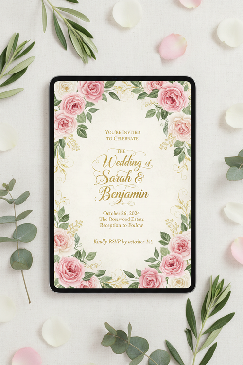 Elegant digital wedding invitation with floral accents and gold calligraphy